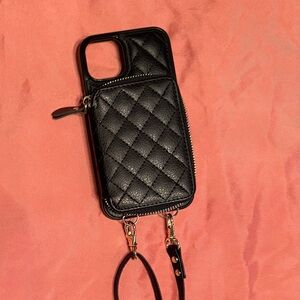 Quilted Black Leather Crossbody Phone Case Wallet